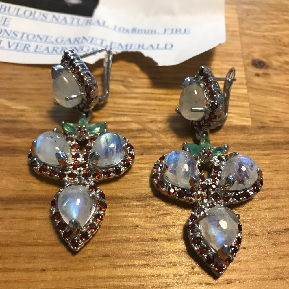 Moonstone, garnet, emerald earrings.